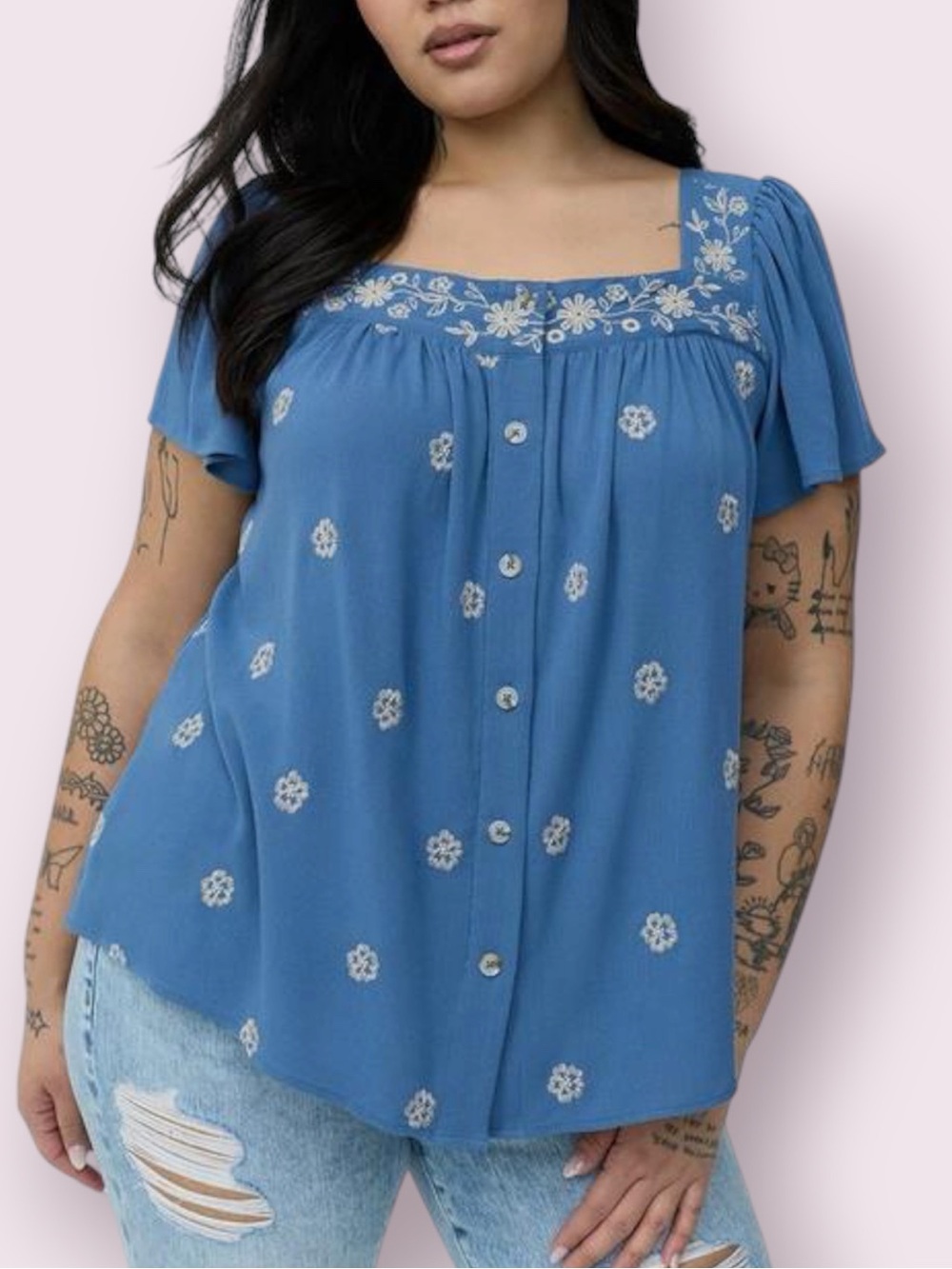 Torrid Embroidered Flutter Sleeve Gauze Square Neck Top Blue Size 1X